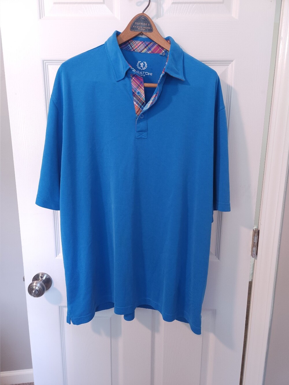 Bugatachi Uomo Men’s Bright Blue Polo with Plaid Trim EUC